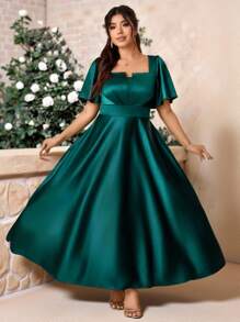 Cravure Plus Size Square Neck Flare Sleeve Solid Color Satin A-Line Ankle-Length Dress, For Wedding, Party & Celebration - Dark Green - View 1