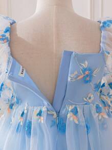 Young Girl Woven Mesh Embroidered Square Collar Fitted Dress Fall Winter - Blue - View 8