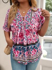 EMERY ROSE Plus Size Bohemian Style Casual Positioning Printed Shirt, Vacation - Pink - View 6