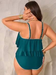 Swim Lushoire 2 chiếc/Bộ áo hở vai màu xanh lá cây cỡ lớn cho nữ kết hợp với quần xếp ly cạp cao mặc đi nghỉ ở bãi biển, mùa hè - Màu xanh ngọc - Xem 2