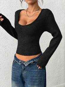INAWLY Women Casual Versatile Solid Color Knitted Sweater Fall Winter Cloth For Women - Black - View 5