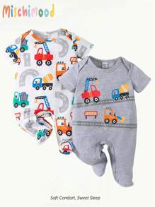 SHEIN 嬰兒男寶2件套簡約卡通全印花短袖連褲衣，腳套設計，家居服裝 - 彩色 - 查看 1