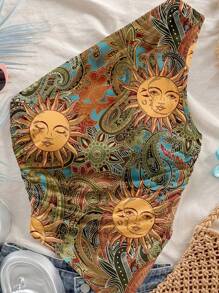 Soleia 夏季度假风格绿色复古金色太阳佩斯利图案女式斜肩不对称下摆短款上衣 - 彩色 - 查看 6