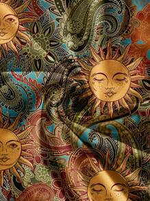 Soleia 夏季度假风格绿色复古金色太阳佩斯利图案女式斜肩不对称下摆短款上衣 - 彩色 - 查看 9