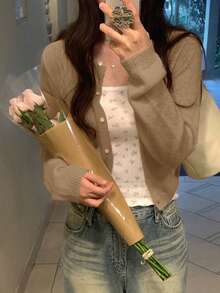 DAZY Cárdigan suelto, simple, ligero y casual para mujer con estilo juvenil - Caqui - Ver 5