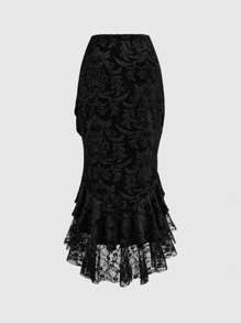 ROMWE Goth 優雅奢華的宮廷風格蕾絲刺繡裝飾頭骨浮雕天鵝絨拼接蕾絲邊緣女人人魚裙 - 黑色 - 查看 2