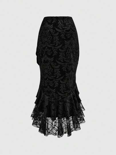 Goth Elegant And Luxurious Palace Style Lace Applique Decorated Skull Embossed Velvet Spliced Lace Hem Women's Mermaid Skirt
