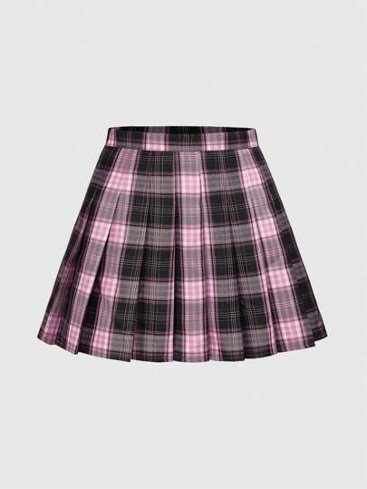 J-Fashion Jupe évasée décontractée et polyvalente de style mode à imprimé à carreaux, pour l'été