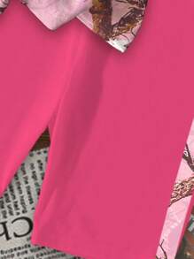 SHEIN 2 件套年轻女孩休闲简约粉色叶子迷彩字母条纹印花短袖 T 恤和短裤套装，适合夏季 - 彩色 - 查看 6