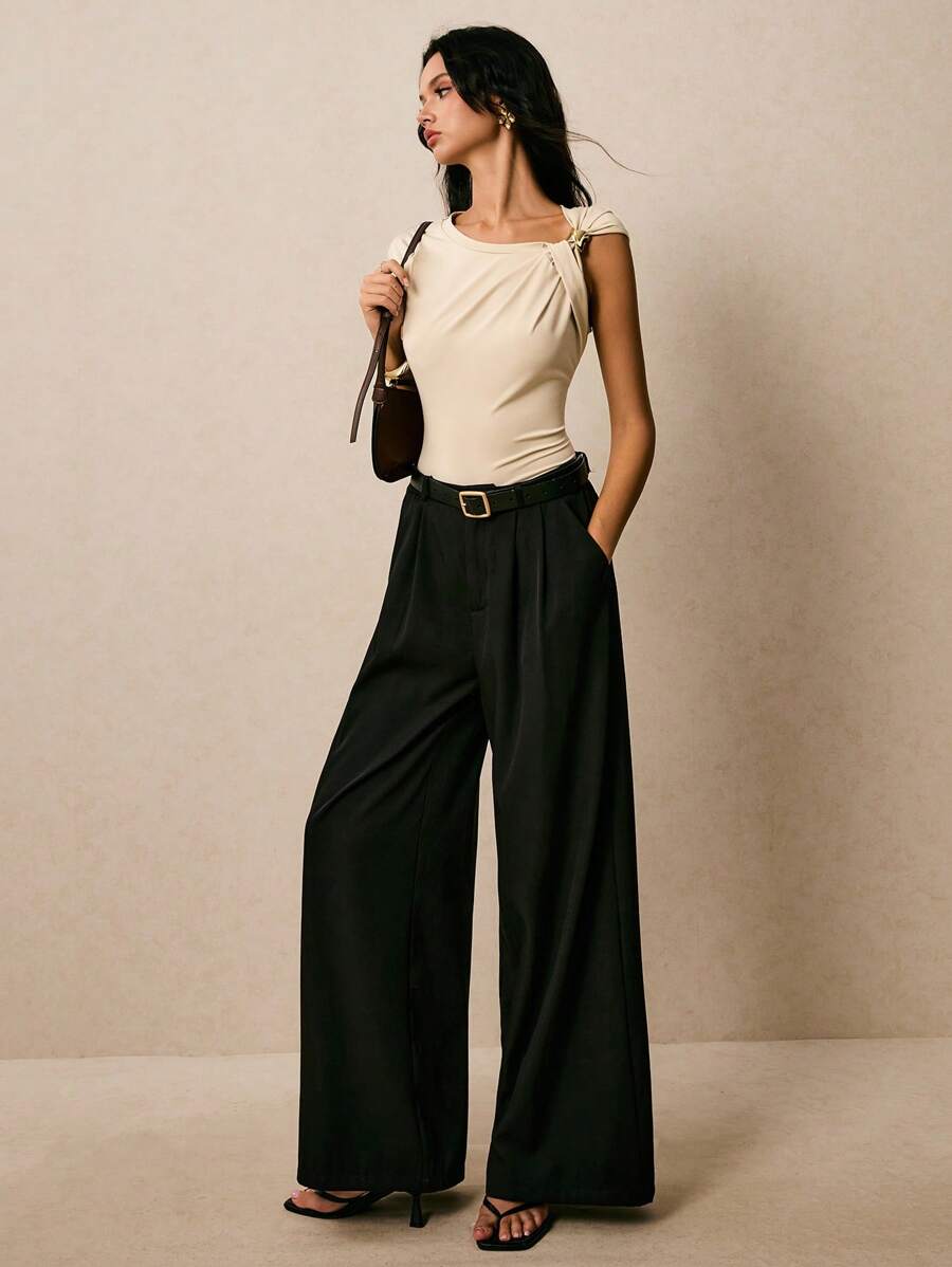 Poéselle Women's Summer Solid Color Ruched Slim Fit Fashion T-Shirt - Apricot - View 1