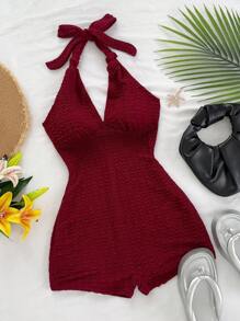 Soleia Women Burgundy Knitted Shirred Jumpsuit With Deep V Neck And Tie, Vacation Dress, Slim Fit, Suitable For Party, Valentine's Day, Date, Layering