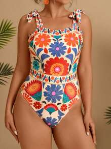 Travachic Plus Size Women Tropical Colorful Flower Print Backless Tie Shoulder Swimsuit, Sexy Beach Wear For Summer Floral One Piece Swimsuit Flower Swimsuit Multicolor One Piece Swimsuit One Piece Bathing Suit Tie Shoulder One Piece Swimsuit - Multicolor - View 1