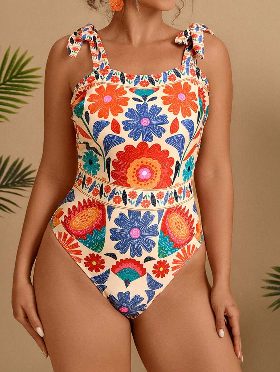 Travachic Plus Size Women Tropical Colorful Flower Print Backless Tie Shoulder Swimsuit, Sexy Beach Wear For Summer Floral One Piece Swimsuit Flower Swimsuit Multicolor One Piece Swimsuit One Piece Bathing Suit Tie Shoulder One Piece Swimsuit - Multicolor - View 1