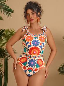 Travachic Plus Size Women Tropical Colorful Flower Print Backless Tie Shoulder Swimsuit, Sexy Beach Wear For Summer Floral One Piece Swimsuit Flower Swimsuit Multicolor One Piece Swimsuit One Piece Bathing Suit Tie Shoulder One Piece Swimsuit - Multicolor - View 5