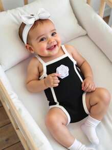 2pcs/Set Baby Girls' Fashion Elegant Black & White Bodysuit - Black and White - View 9
