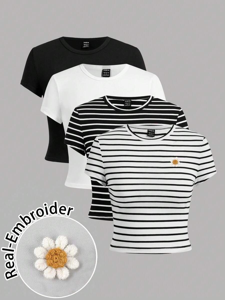 SHEIN EZwear 4件組女款休閒極簡碎花圖案圓領短袖修身短版T恤,適合夏季外出穿著 - 黑與白 - 查看 1