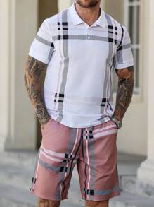 Manfinity Homme Men's Polo Shirt Set, Short Sleeve, Fashion Suitable For Summer, Men's Manfinity Men INS Polo Shirt Set.The Unique Design Of Digital Printing Sketches Out The Mature Charm Of Fashionable Men - Multicolor - View 4