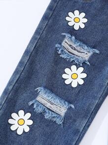 Baby Girl Casual Fashion Floral Print Distressed Comfortable Elastic Waist Jeans, 2025 Spring/Summer New Collection, Suitable For Daily Wear - Medium Wash - View 4