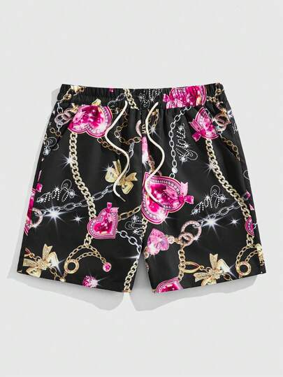 Street Life Heart & Chain Print Pocket Drawstring Waist Shorts, Suitable For Summer (In Stock)