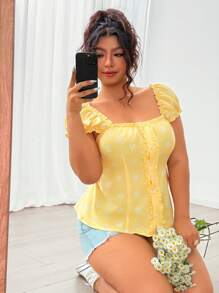 Flirla Plus Size Lightweight U-Neck Cinched Waist Shirt, Fashionable For Summer - Yellow - View 7