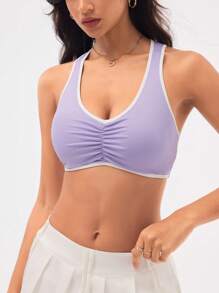 SHEIN Sport Studio Damen Sport-BH mit Kontrastbindung und Rundhalsausschnitt, geraffter Saum, Damenbekleidung, Sport-Trainingskleidung, Damen-Trainingsoberteil, Damen-Sport-BHs, Damen-Sport-Sets