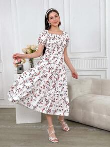 少女碎花泡泡袖方领迷你连衣裙，度假风格 - 白色 - 查看 5