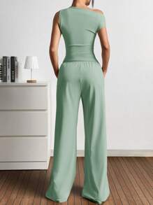SHEIN EZwear 2pcs/Set Women Knit Asymmetric Hem Top And Pants Set - Mint Green - View 2