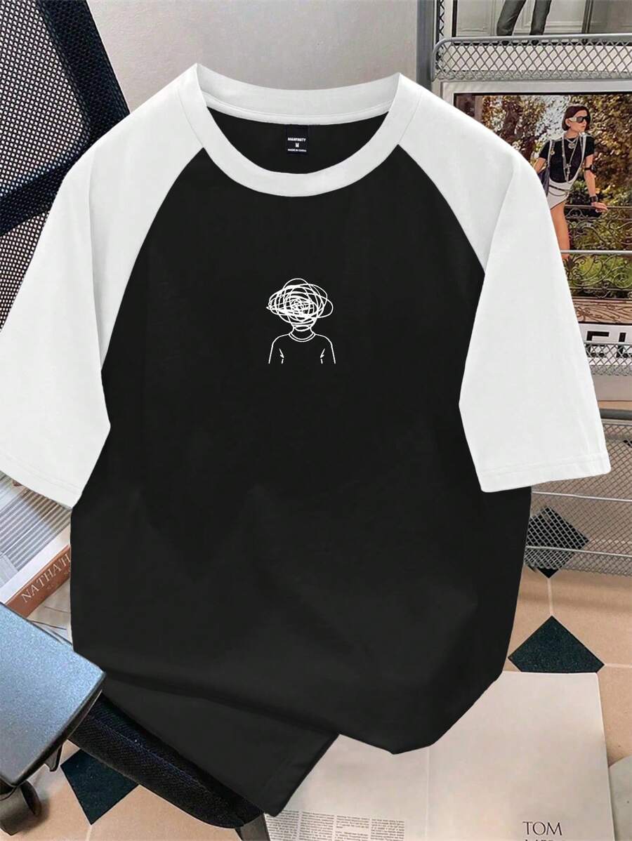 Manfinity Joysei Áo thun Raglan tay ngắn in họa tiết màu tương phản cỡ chuẩn dành cho nam - Đen và trắng - Xem 1