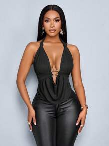 SOLERSUN 春夏女装休闲度假杏色深V领露背吊带衫，前中金属扣，褶皱肩带，扭结弧形下摆，露背针织纹理面料上衣 - 黑色 - 查看 4