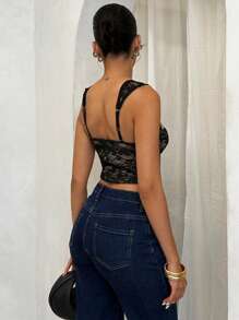 SHEIN BAE Black Lace Sheer Sexy Square Neck Tank Top With Ruffle Trim, Women's Night Out, Birthday Party, Cocktail Party, Club, Date Night, Casual Wear, Cute Bralette, Sexy Clubwear Top, Halloween Clothes,Halloween Costume