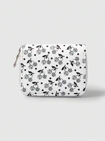 Grunge Punk 1pc Silver Studded Cherry Design Compact Zipper Wallet, Simple Style For Women