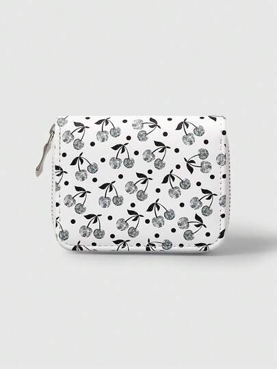 Grunge Punk 1 pièce Portefeuille compact à fermeture éclair avec clous argentés et motif de cerises, style simple pour femmes