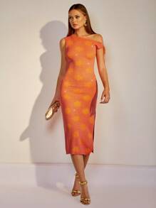 COSMINA Robe pull fendue jusqu'à la cuisse avec col asymétrique et imprimé graphique pour femme - Orange brûlé - Voir 1