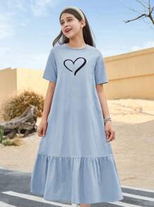 SHEIN Leap Crew Tween Girl Loose Casual Round Neck Ruffle Hem Heart Embroidery Dress - Baby Blue - View 5