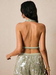 Poéselle 女式闪亮亮片拼接垂坠露背休闲无袖上衣 - 綠色 - 查看 6