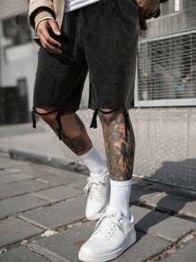 Manfinity EMRG Men's Distressed Casual Summer Drawstring Waist Streetwear Shorts, Emo, 2000s Style - Black - View 2