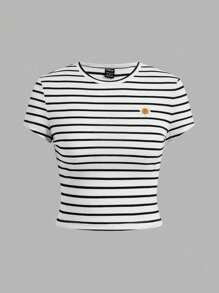 SHEIN EZwear 4件組女款休閒極簡碎花圖案圓領短袖修身短版T恤，適合夏季外出穿著 - 黑與白 - 查看 4