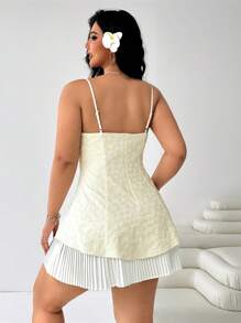 SHEIN EZwear Plus Size Slip-Dress With Bust Pleated Design, Two-Tone Cream Yellow & White, Cropped Length, Suitable For Vacation, Daily Wear, Date, Outing - Apricot - View 6