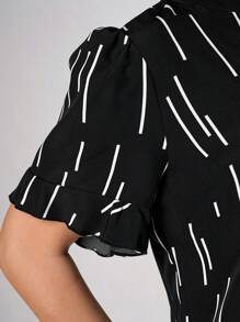 Chikora Plus Geo Print Flounce Sleeve Notched Neckline Dress, Summer - Black - View 7