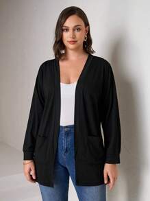 Chikora 加大码黑色针织口袋宽松开衫，带口袋，商务休闲女装 - 黑色 - 查看 3