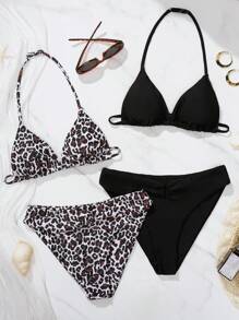 SHEIN Teen Girls 2-Piece Swimsuit With Triangle Top & Bottoms, Buy 1 Get 4 In 2 Colors, Vacation/Beach, Basic Black & Leopard Print Bikini