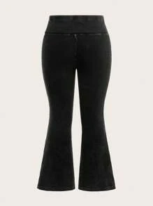 SHEIN BASICS Plus Size High Waist Solid Color Knit Flare Pants - Black - View 2
