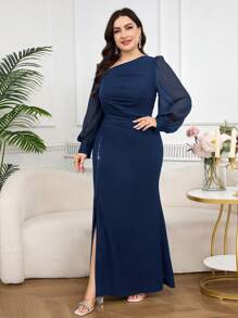 Modelyn Plus Size Elegant Solid Asymmetric Neckline Long Sleeve Sequin High Slit Dress - Navy Blue - View 5