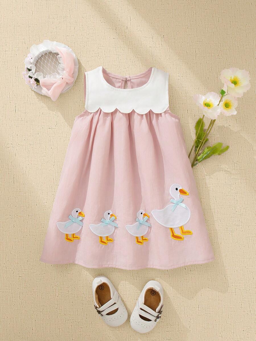 Souflis Souflis Spring/Summer Cute Cartoon Duck Embroidery Hem Sleeveless Round Neck Long Dress For Baby Girls, Playful And Sweet - Pink - View 1