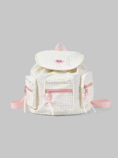 Kawaii Fashionable Color Block Plaid Bow Sweet Girl School Backpack