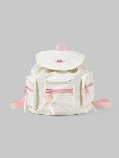 ROMWE Kawaii Fashionable Color Block Plaid Bow Sweet Girl School Backpack