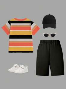2 pezzi/set Outfit casual da ragazzo composto da maglietta a maniche corte con stampa grafica e scollo tondo e pantaloncini cargo, adatto per l'estate