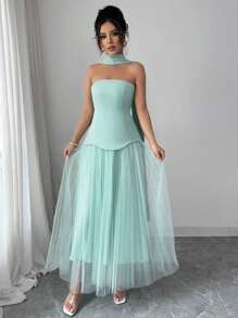 Elenzga Women's Elegant Summer French Style Strapless Ruffled Tie Back Maxi Dress - Green - View 2