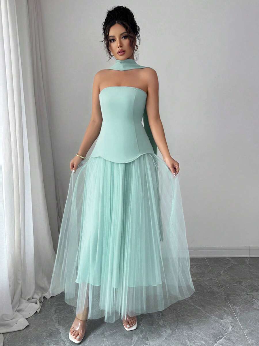 Elenzga Women's Elegant Summer French Style Strapless Ruffled Tie Back Maxi Dress