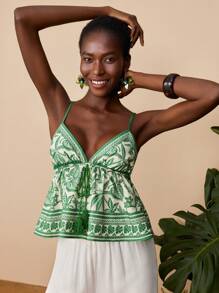 Travachic Khaki Green Position Print Top,Women's Vacation Casual Tropical Print Cami Top,Summer,Beachwear,Spring And Summer,Easter,Beach,Spring Break,Vacation,Concert Women,BOHO,Bohemia,Music Festival,Tropical Vacation Woman,4th Of July,Holiday - Green - View 5